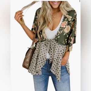 NEW Floral Kimono Cardigan 3/4 Ruffle Sleeve Lightweight Patchwork Flowy Boho M